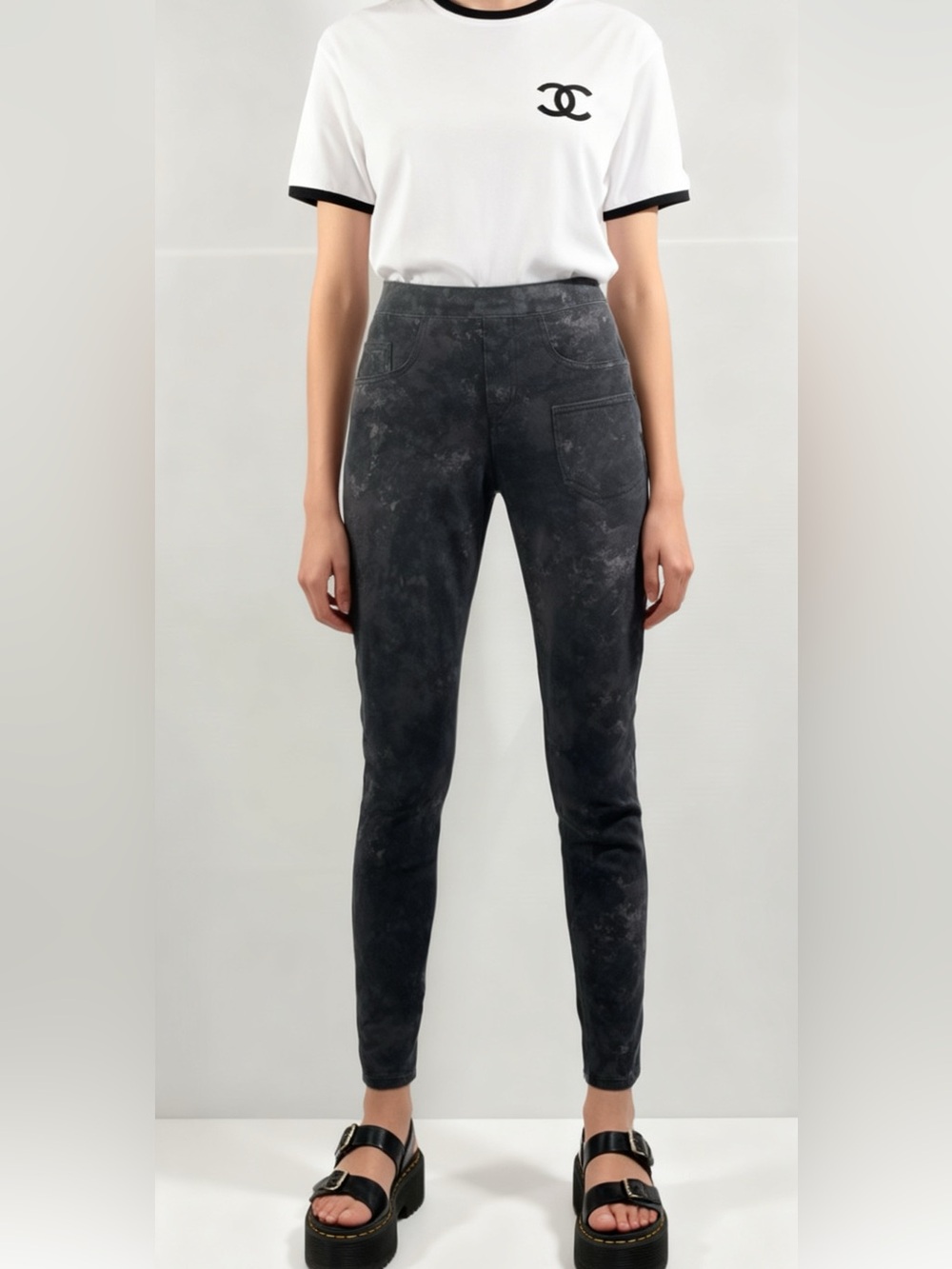 Spanx Black Dark Grey Acid-Wash Jean-Ish Ankle Leggings Jeggins M